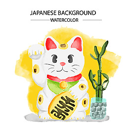 水彩繪可愛的招財貓靜物