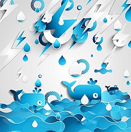 藍色扁平立體海豚插畫