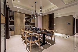 日式室內餐廳原木餐椅效果圖