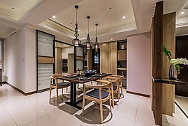 日式室內餐廳黑色吊燈效果圖