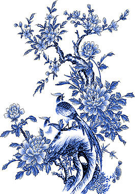 青花瓷花纹小鸟素材图片
