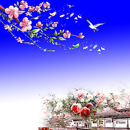 古鎮牡丹桃花水墨背景
