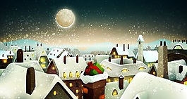 园月雪夜圣诞小镇矢量素材