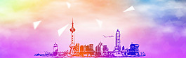 手繪建筑彩色云朵淘寶全屏banner背景
