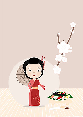 矢量日本壽司女孩櫻花背景