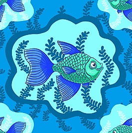 藍色手繪可愛金魚圖案