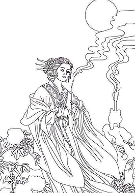 月亮白描仕女家裝裝飾畫