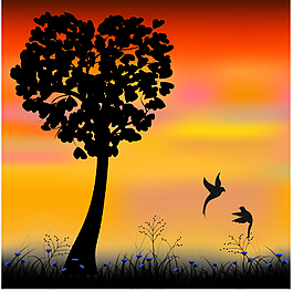 夕陽下的愛情樹插畫