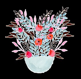 水彩花盆裝飾素材