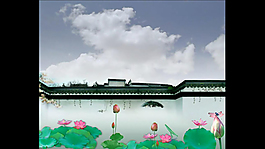 中國風(fēng)建筑荷花水墨背景大屏視頻素材