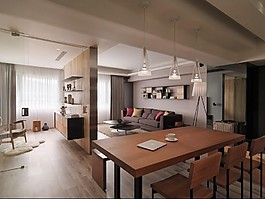 現(xiàn)代木質餐廳客廳吊柜木地板效果圖