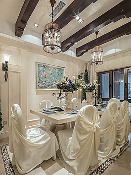 歐式奢華大氣餐廳裝修假梁吊燈效果圖