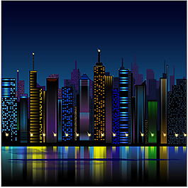 夢幻夜晚城市湖泊背景