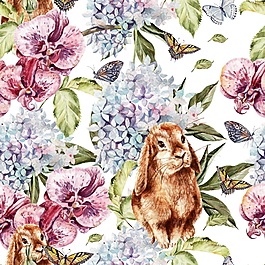手繪兔子花朵花叢填充背景圖