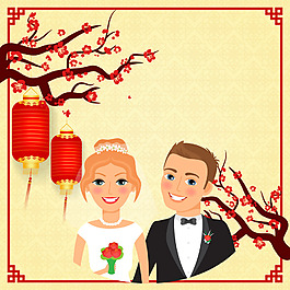 春節(jié)矢量手繪梅花一家人結婚幸福燈籠海報