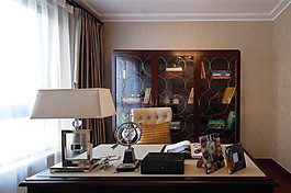 現(xiàn)代簡約書房書桌窗簾裝飾物品裝修效果圖