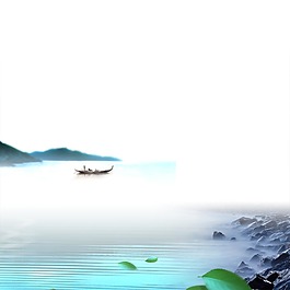 山水孤舟意境風景插畫