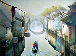 手繪河流建筑裝飾畫(huà)