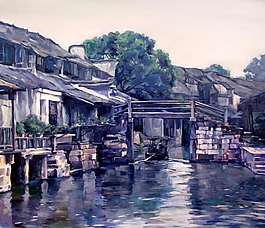 手繪彩繪古鎮(zhèn)裝飾畫(huà)