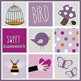 紫色彩繪小鳥九宮格裝飾畫