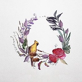 水彩繪花朵和小鳥邊框