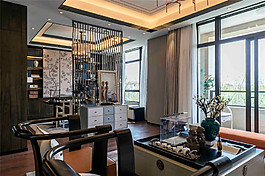 中式經(jīng)典沉穩(wěn)風(fēng)格書房電視花紋背景墻效果圖