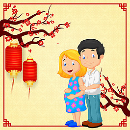 矢量手繪春節(jié)孕婦梅花幸福家庭燈籠海報背景