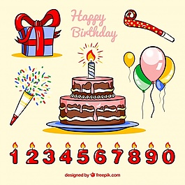 生日蛋糕和其他的慶祝元素集合