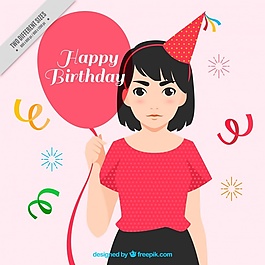 生日背景的女人抱着一个气球