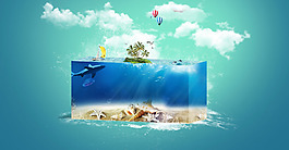 清新白云大海海星banner背景素材
