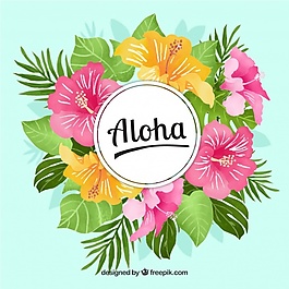 ALOHA背景用鮮花和水彩的葉子