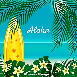 ALOHA背景與棕櫚樹和沖浪板