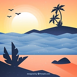 可愛的日落背景與波浪