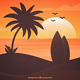 用沖浪板在海灘上的日落背景