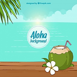 海灘背景與椰子和手繪的花