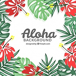 ALOHA背景有红色的花和棕榈叶