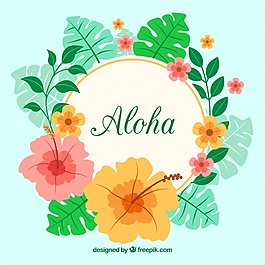 ALOHA背景用鮮花和熱帶樹葉
