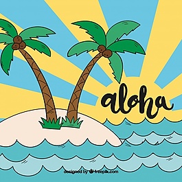 ALOHA背景的棕櫚樹和手繪的波浪