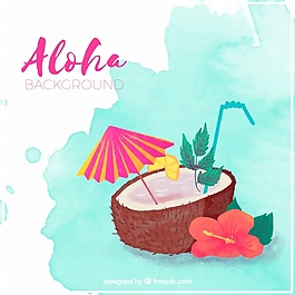 水彩畫(huà)的ALOHA背景椰花飲料