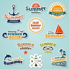 夏季海熱帶度假旅行假期貼紙集分離的矢量插畫
