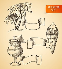 帶隔離的矢量插圖棕櫚冰淇淋和雞尾酒素描的夏天