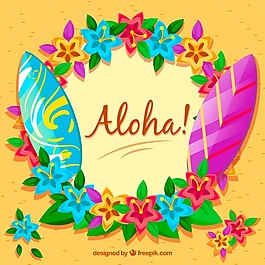 ALOHA背景與沖浪板和花
