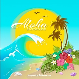 海灘背景，波浪和棕櫚樹