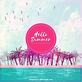 海灘背景的棕櫚樹(shù)和水彩畫(huà)的海