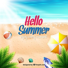 用陽傘和球夏日海灘背景