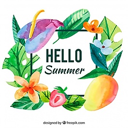 水彩畫的背景與夏季水果和鮮花