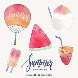 用水彩畫夏天的元素集合