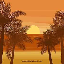 棕櫚樹在沙灘上的夕陽的背景