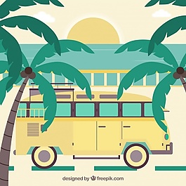在一個夕陽西下，棕櫚樹和黃色的校車