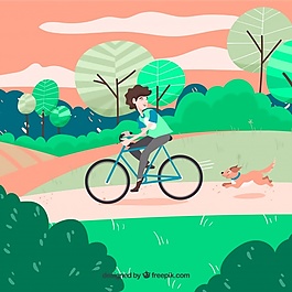 在公園里騎自行車的狗和人